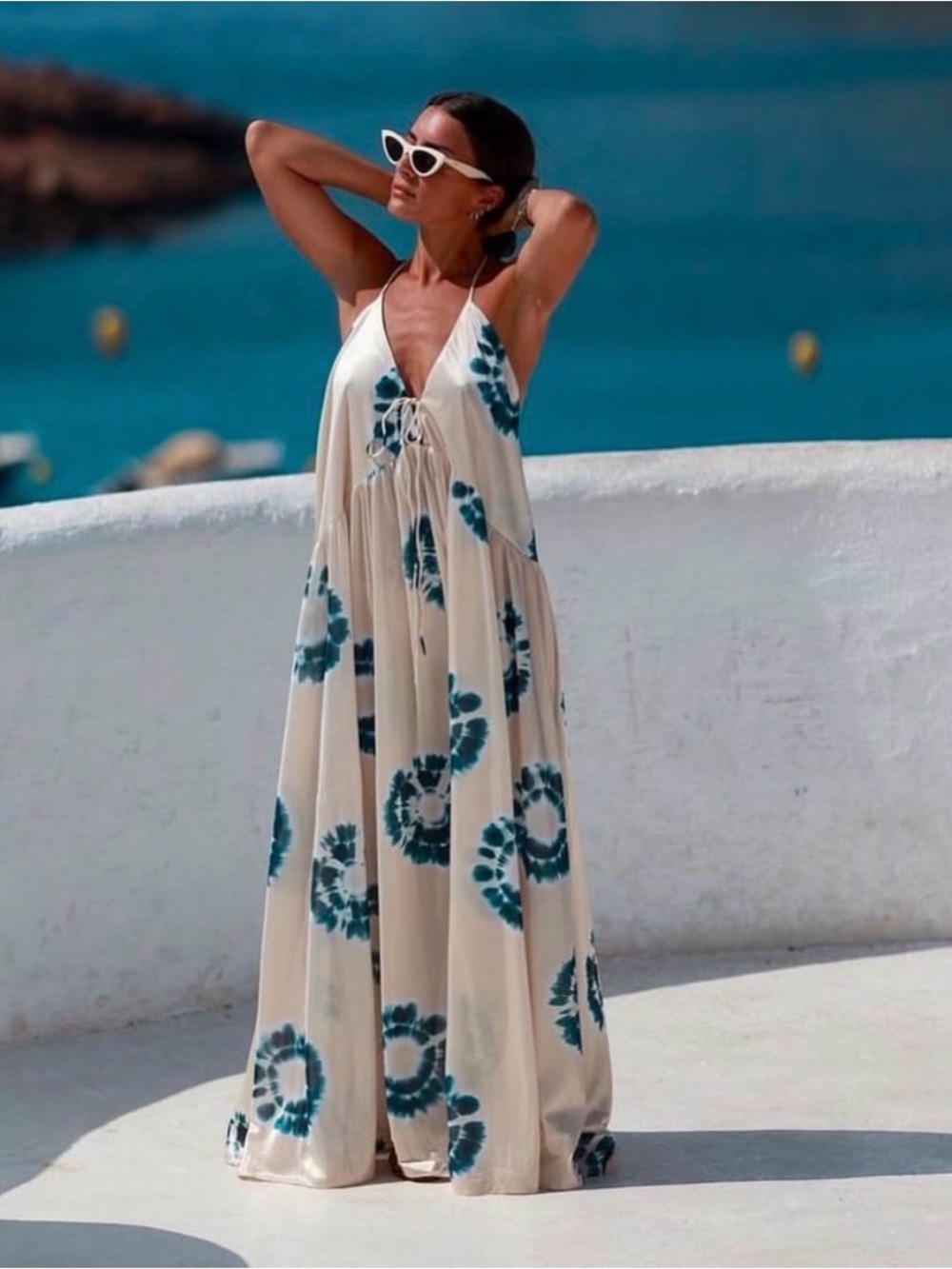 Zara Cream Maxi Dress with Navy Tie-Dye Accents